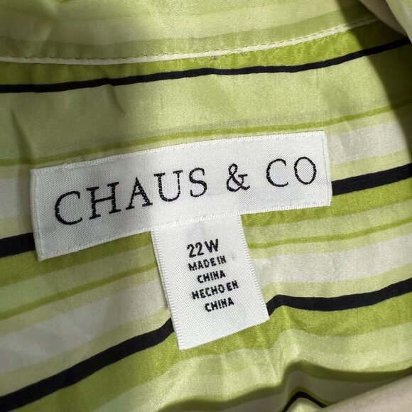 Chaus & Co. 100% Silk Striped Button Front Shirt Top Womens 22W Green White - Picture 2 of 5